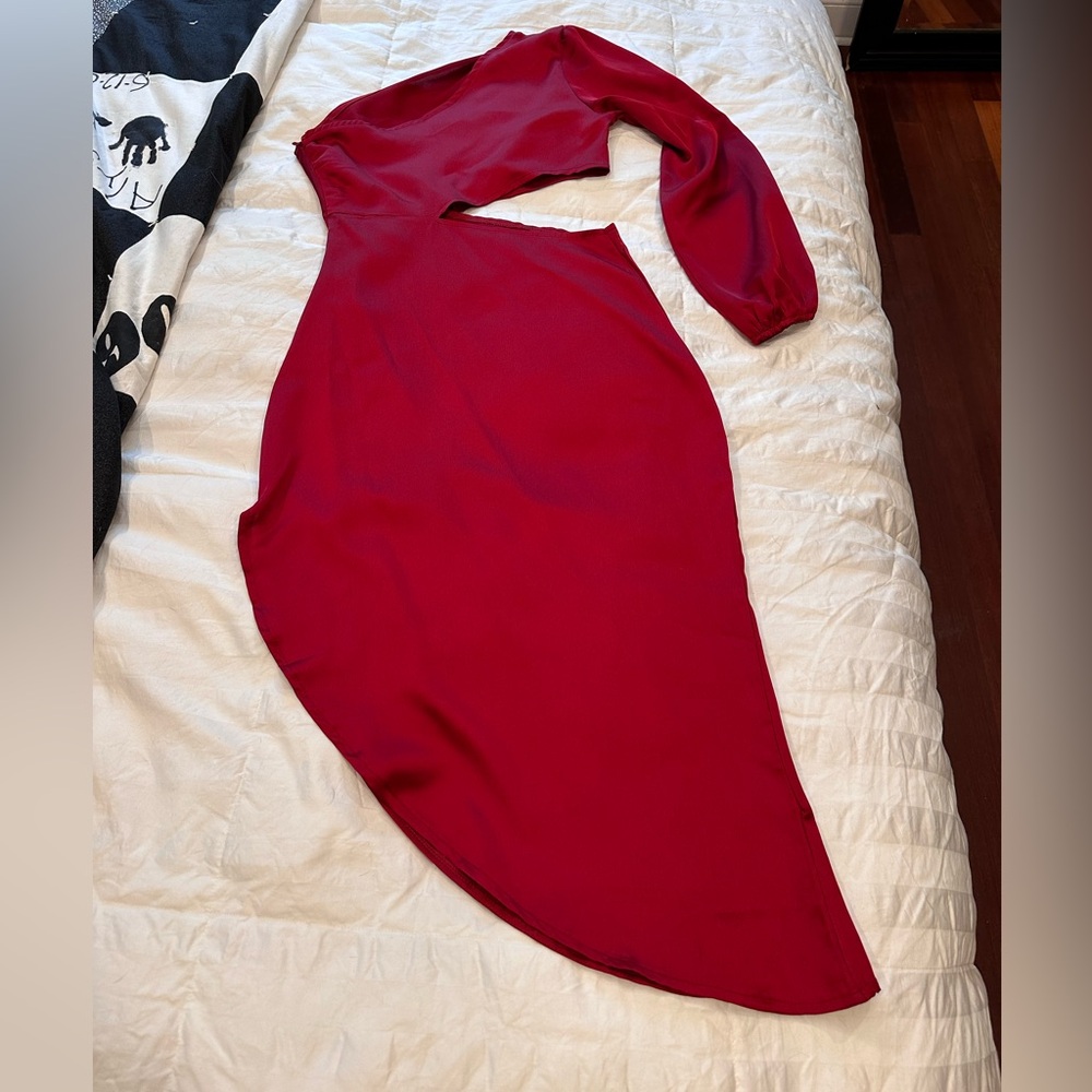 Elegant Deep Red Satin One Shoulder Peek-a-boo Cocktail Dress